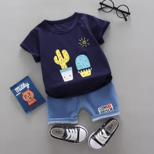 2pcs Cute Cartoon Print T-shirt and Cowpants