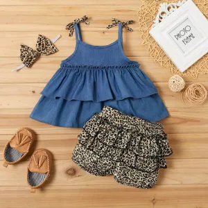 3-piece Denim Layered Flounced Top and Leopard Print Shorts Set