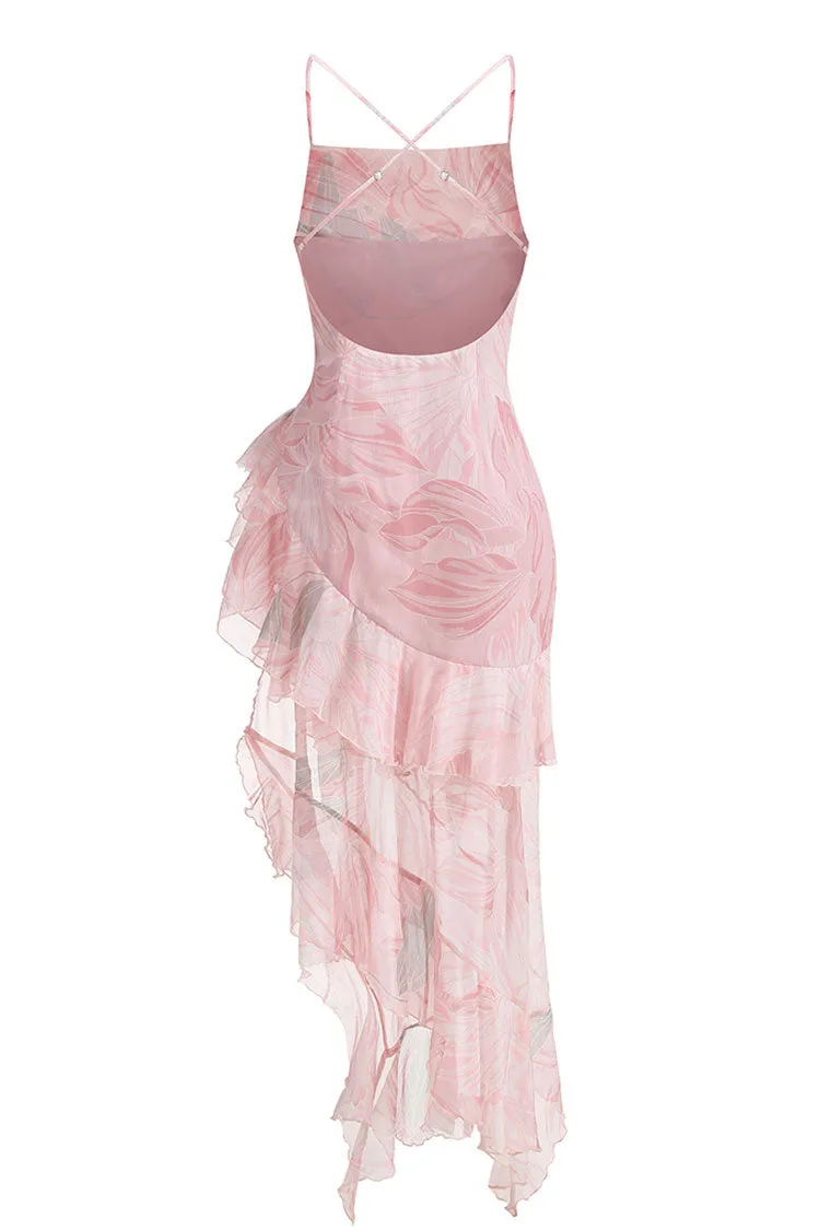 Asymmetrical Tiered Ruffle Printed Cowl Neck Backless Chiffon Split Cocktail Dress