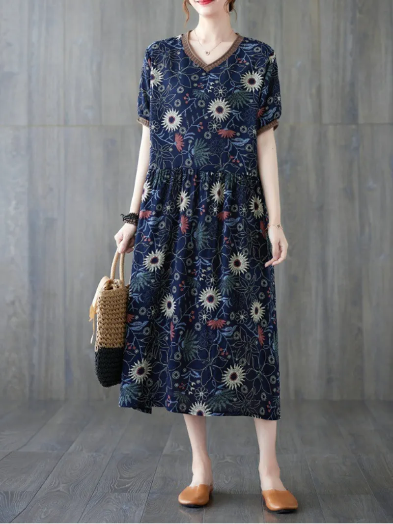 Beautiful summer floral cotton and linen Smock slim dress  Women's Fit