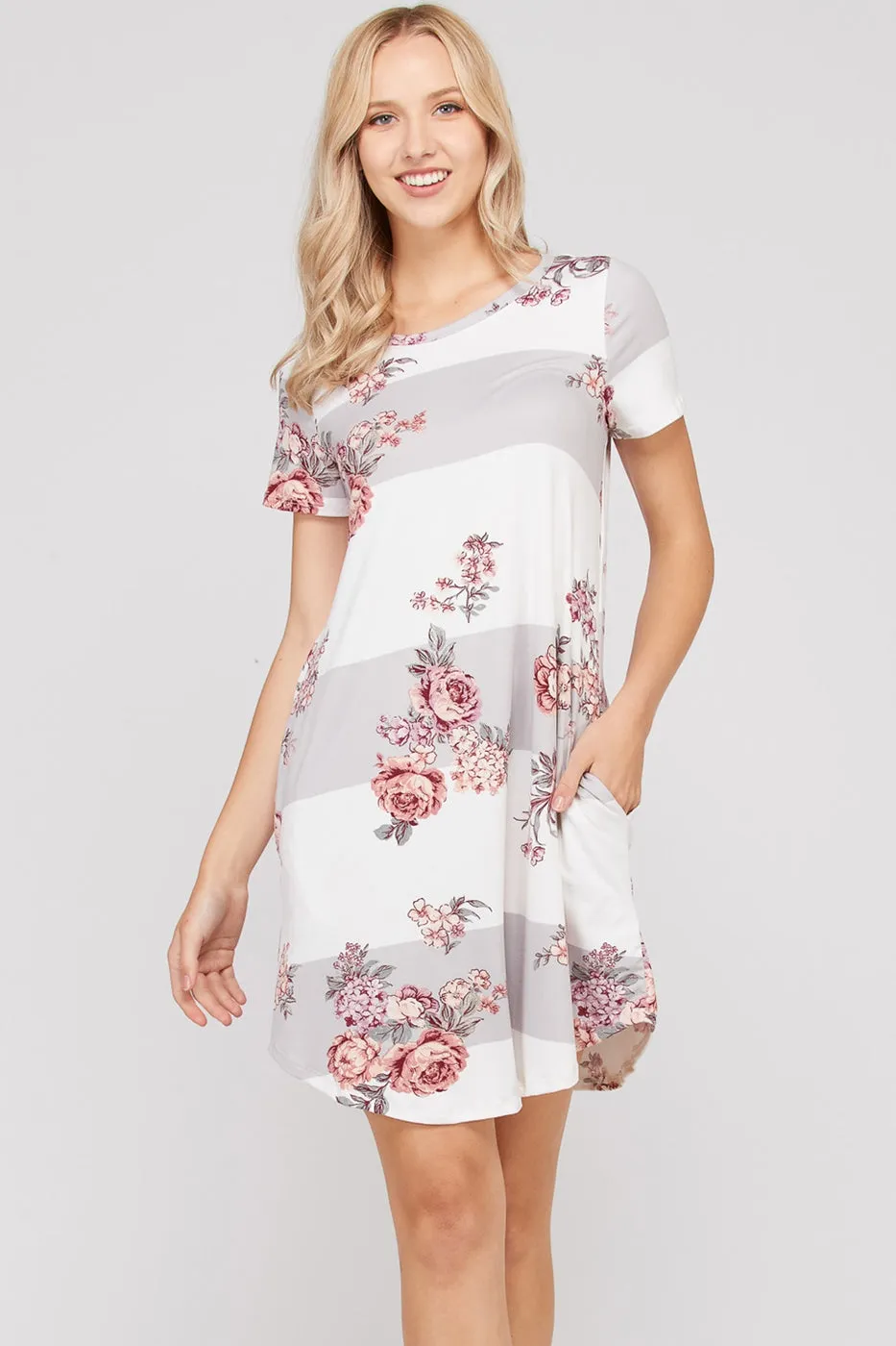 Block and floral dress with side pockets