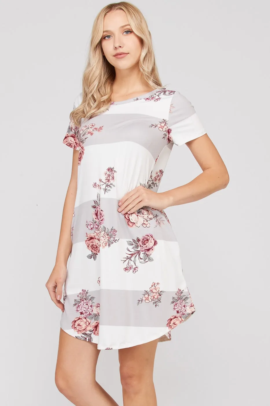 Block and floral dress with side pockets