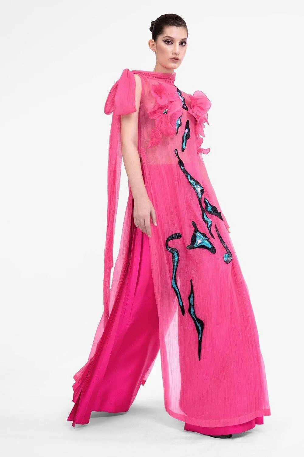 Blooming Straight Flower Applique Organza Crepe Floor Length Ao Dai