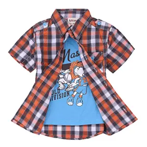 Boy Short Sleeve Orange Plaid Shirt with Fake Tee