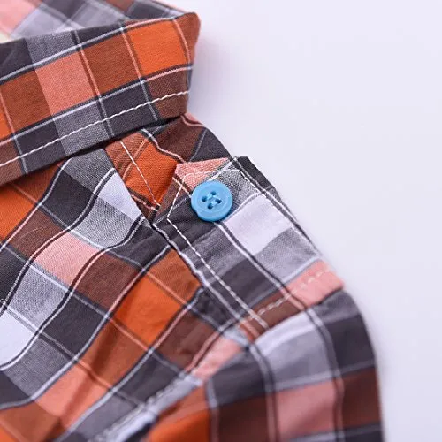 Boy Short Sleeve Orange Plaid Shirt with Fake Tee