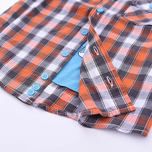 Boy Short Sleeve Orange Plaid Shirt with Fake Tee