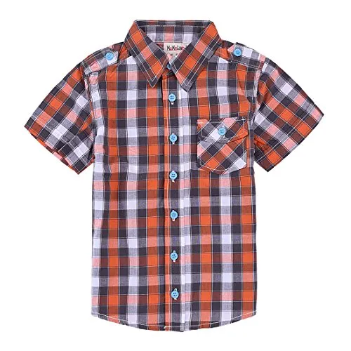 Boy Short Sleeve Orange Plaid Shirt with Fake Tee