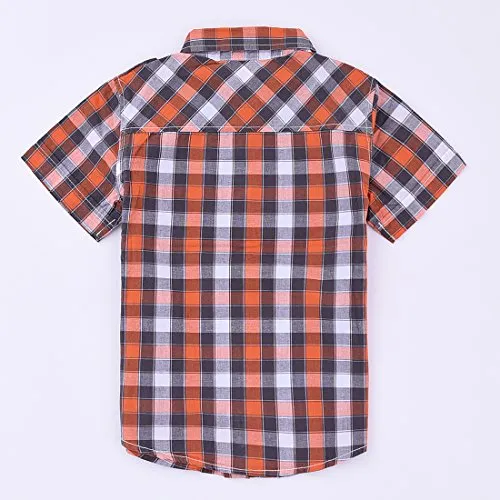 Boy Short Sleeve Orange Plaid Shirt with Fake Tee