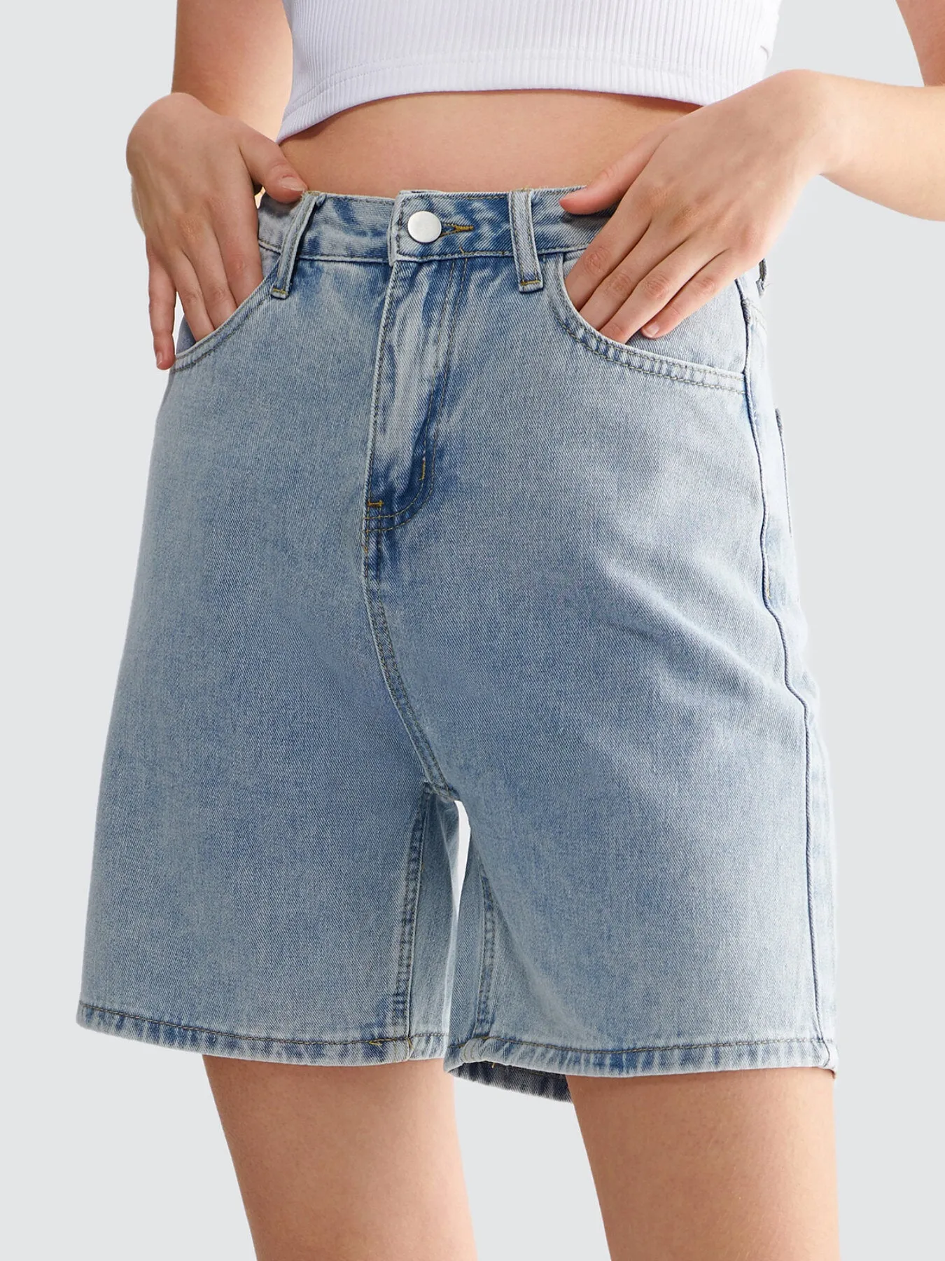 Button Front Pocket Wide Leg Denim Shorts