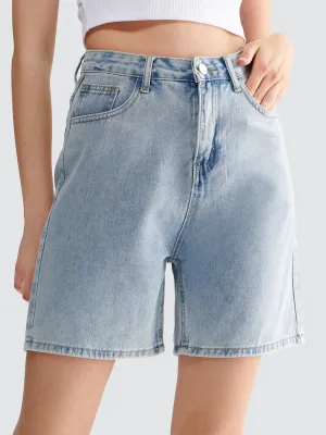 Button Front Pocket Wide Leg Denim Shorts