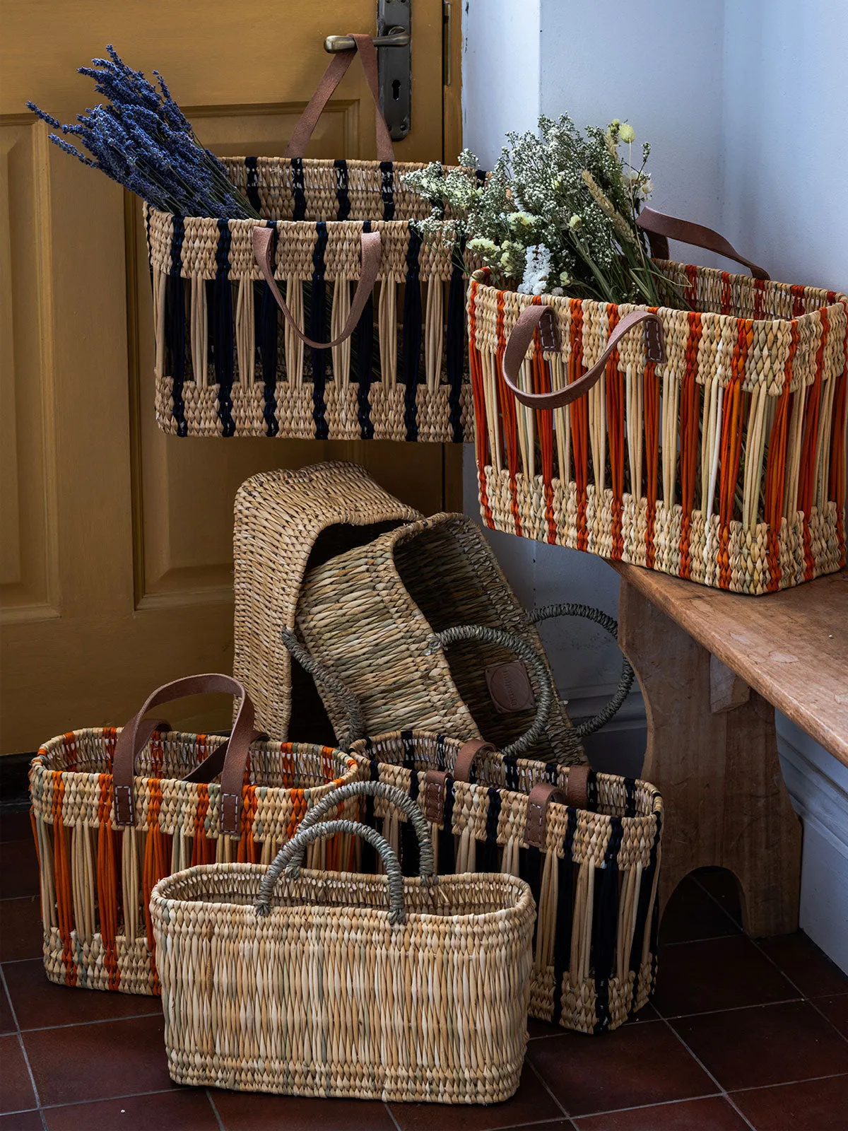 Decorative Reed Basket, Indigo Stripe