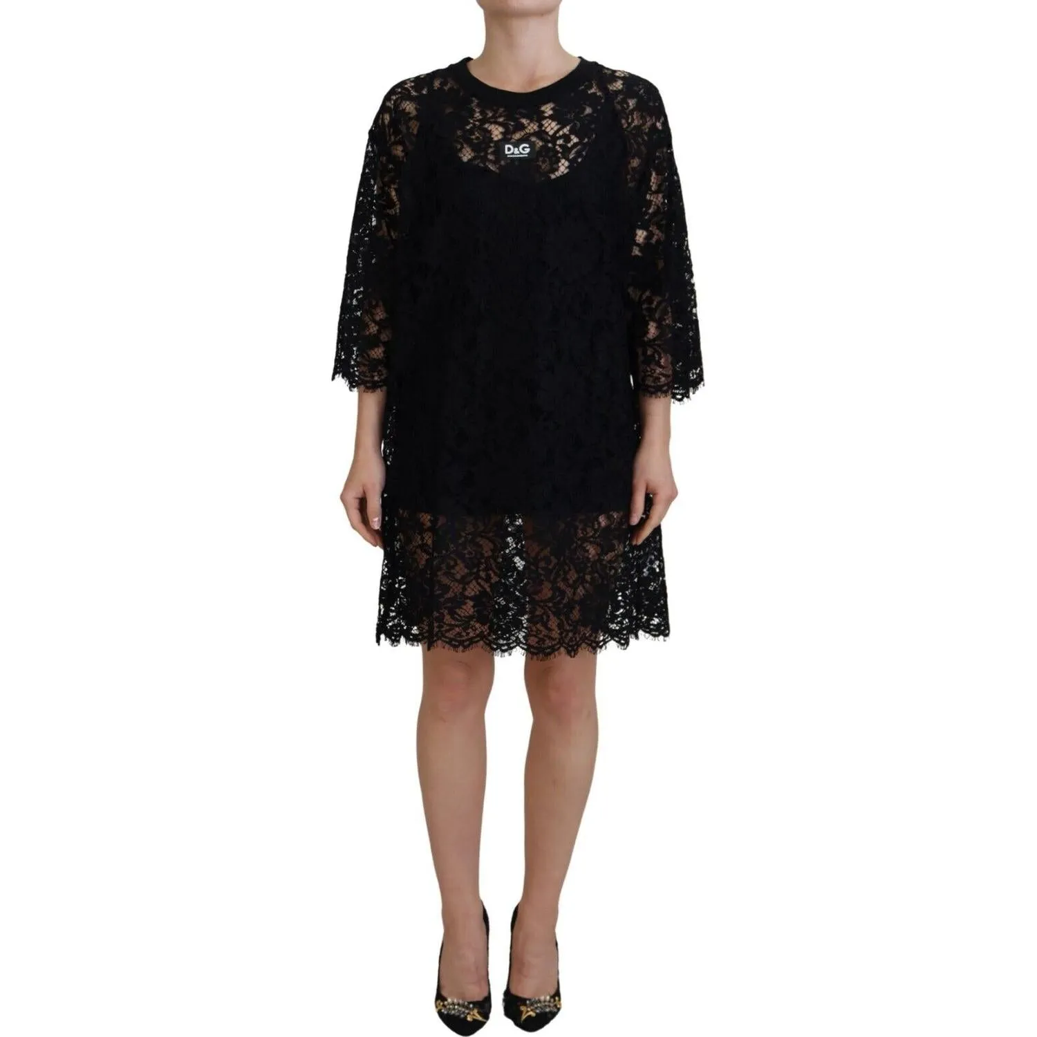 Dolce & Gabbana Elegant Black Floral Lace Shift Dress