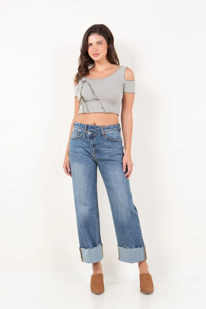 Dual Accent High Rise Straight Leg Jeans