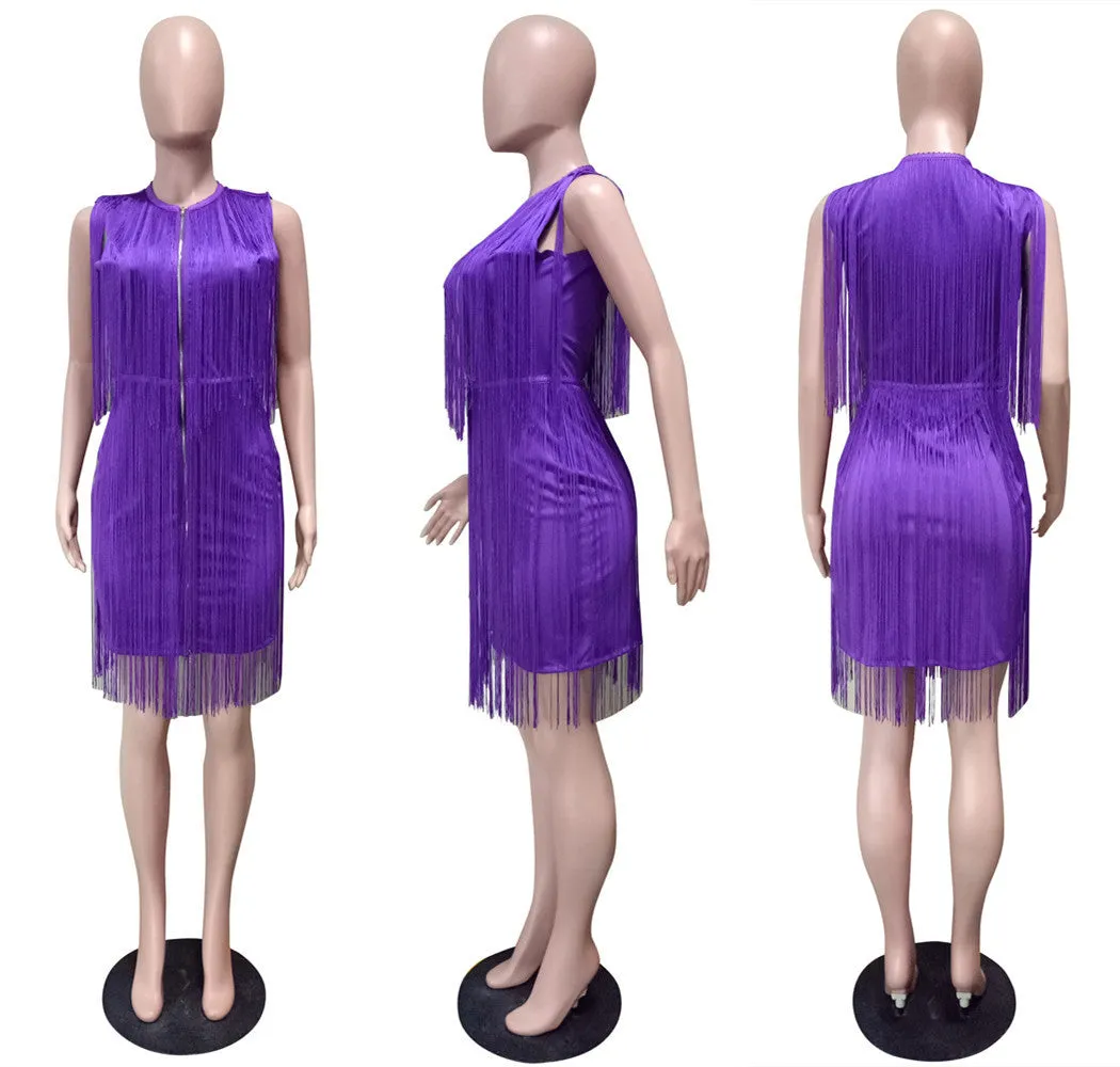 Fashion solid color fringed dress（AY1649）