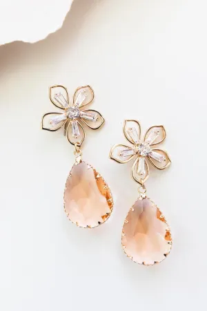 Fleur Crystal Drop Earrings - Peach