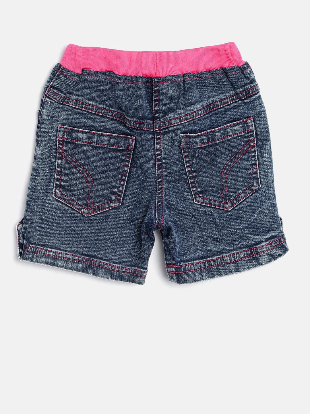 Gilr's Denim Washed Shorts With Pink Waistband And Side Loop - StyleStone Kid