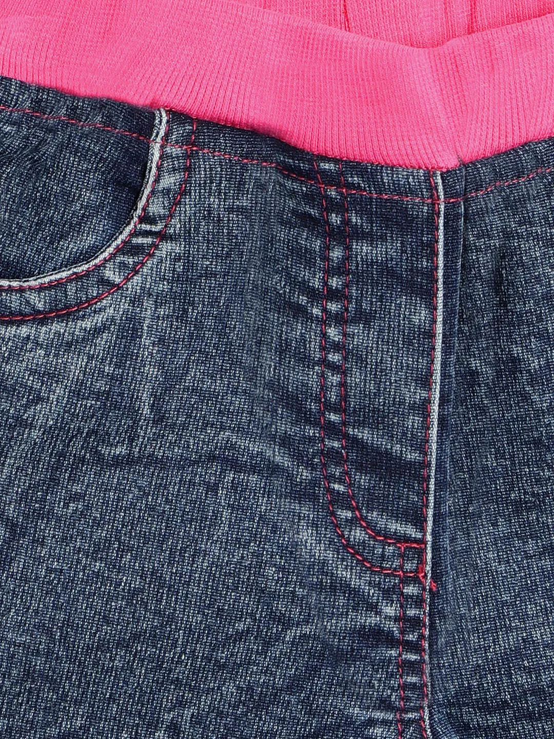 Gilr's Denim Washed Shorts With Pink Waistband And Side Loop - StyleStone Kid