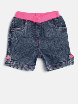 Gilr's Denim Washed Shorts With Pink Waistband And Side Loop - StyleStone Kid