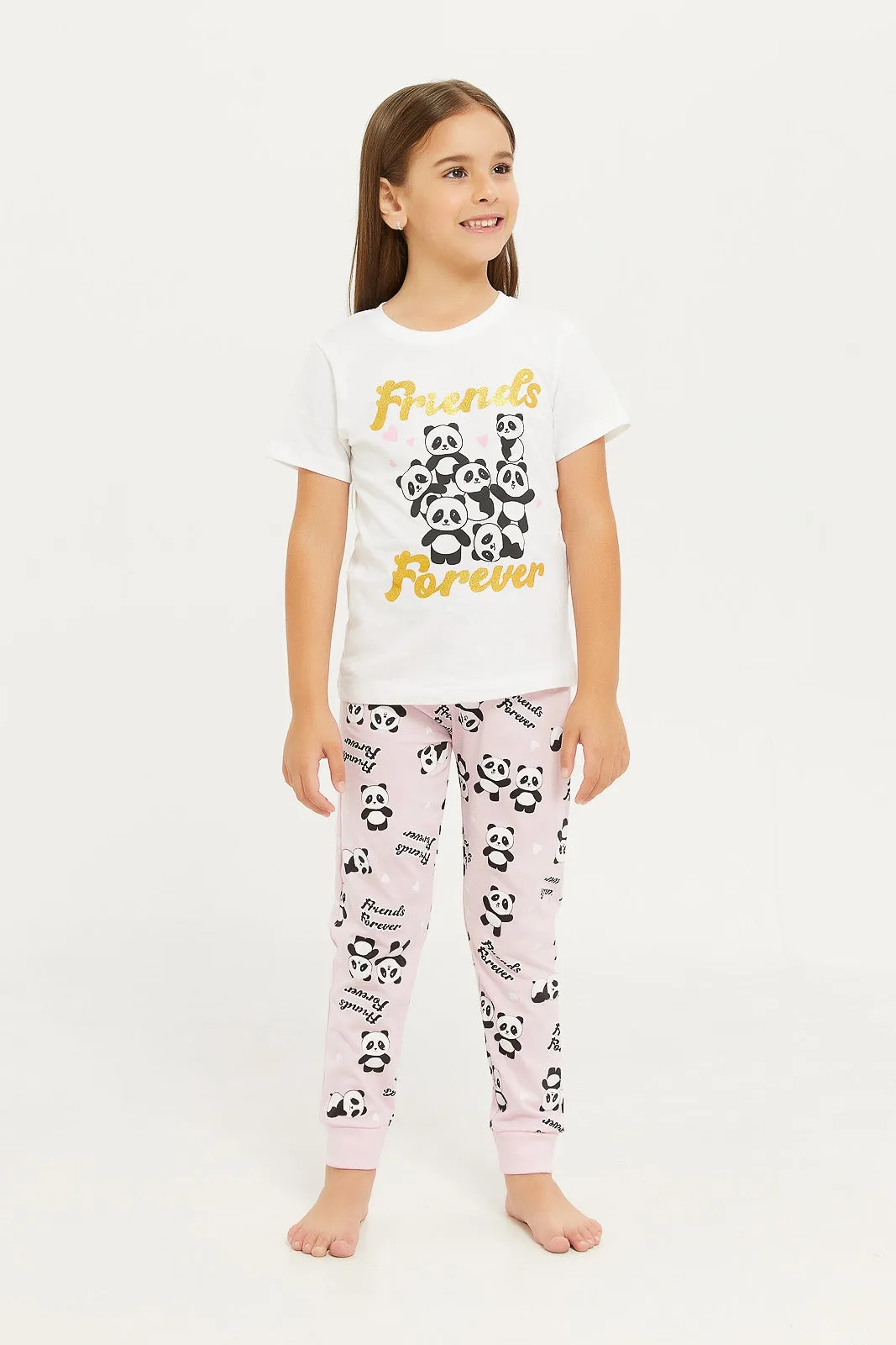 Girls White And Grey Printed Pyjama Set (3 Piece)