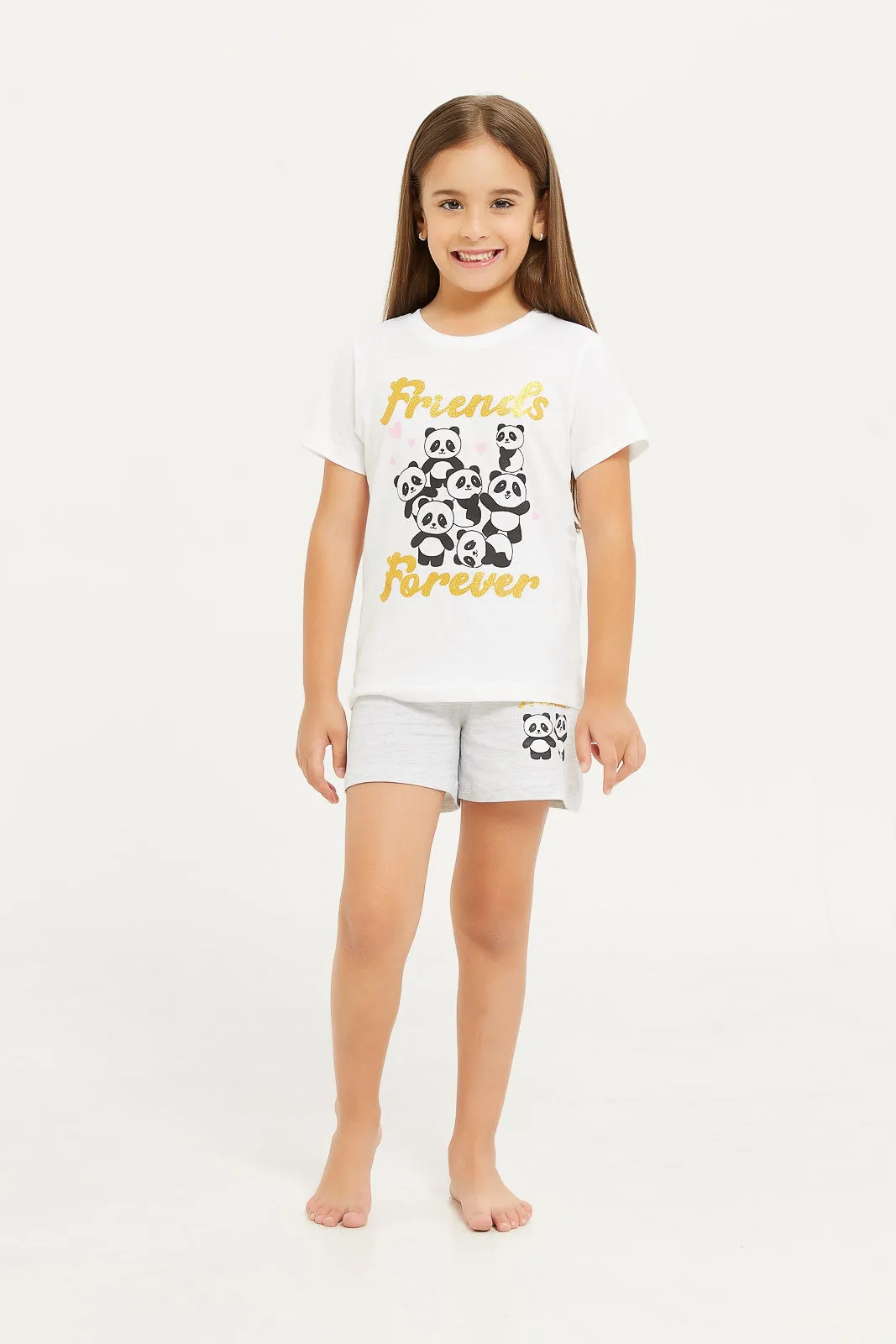 Girls White And Grey Printed Pyjama Set (3 Piece)