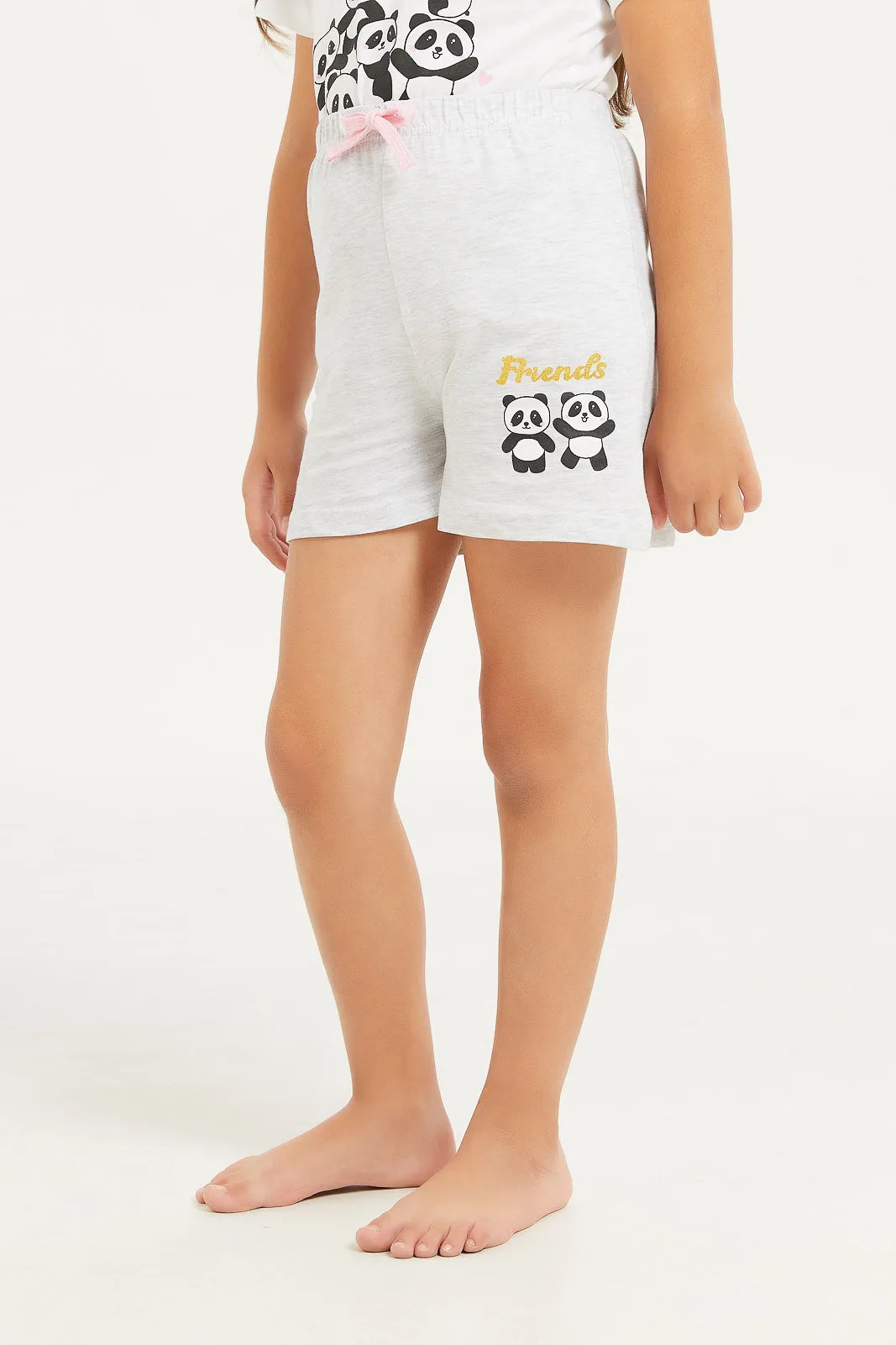 Girls White And Grey Printed Pyjama Set (3 Piece)