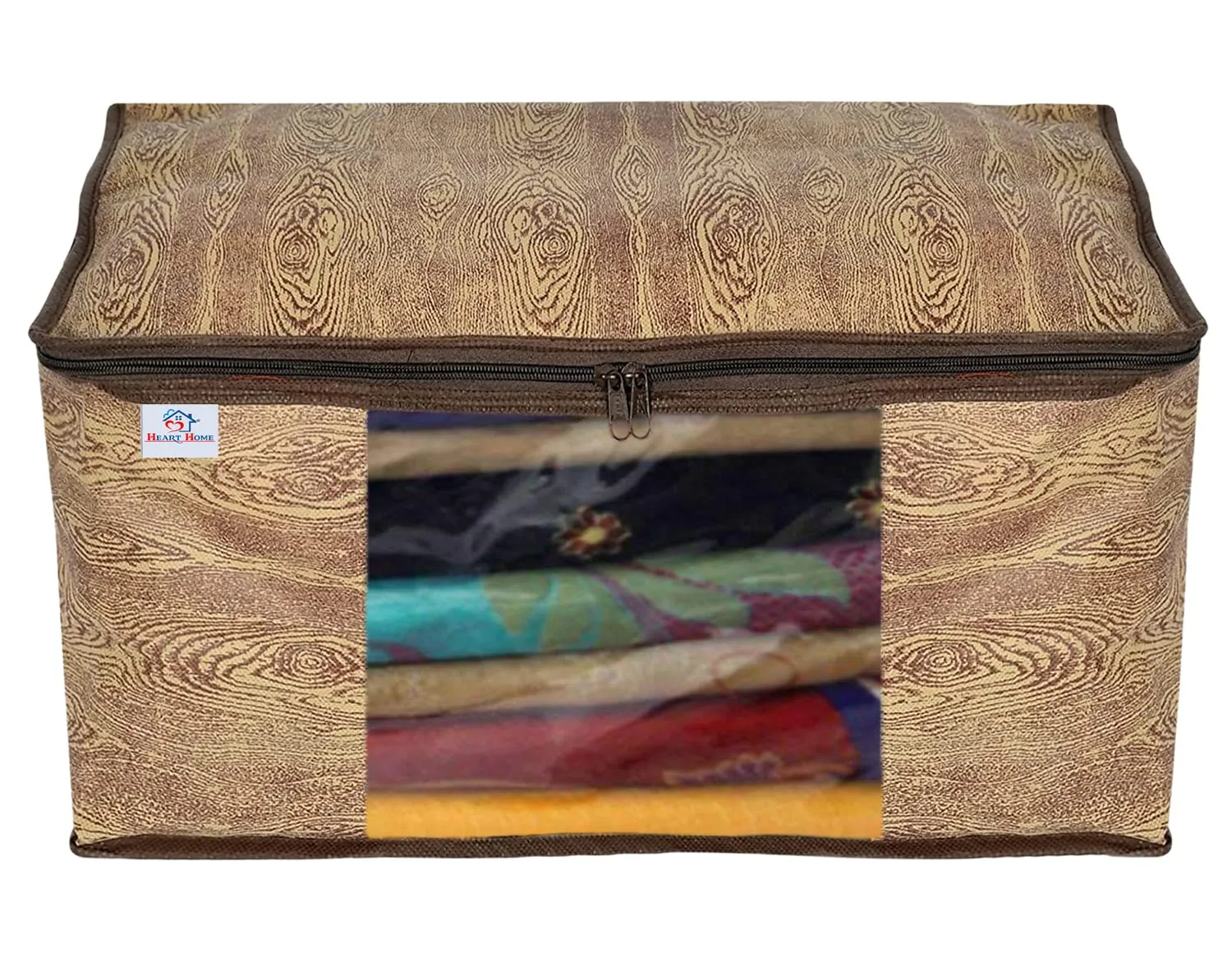 Heart Home Wooden Design Non-Woven Foldable Saree Cover/Clothes Storage Bag/Wardrobe Organizer With Transparent Window- Pack of 12 (Brown)-44HH0391