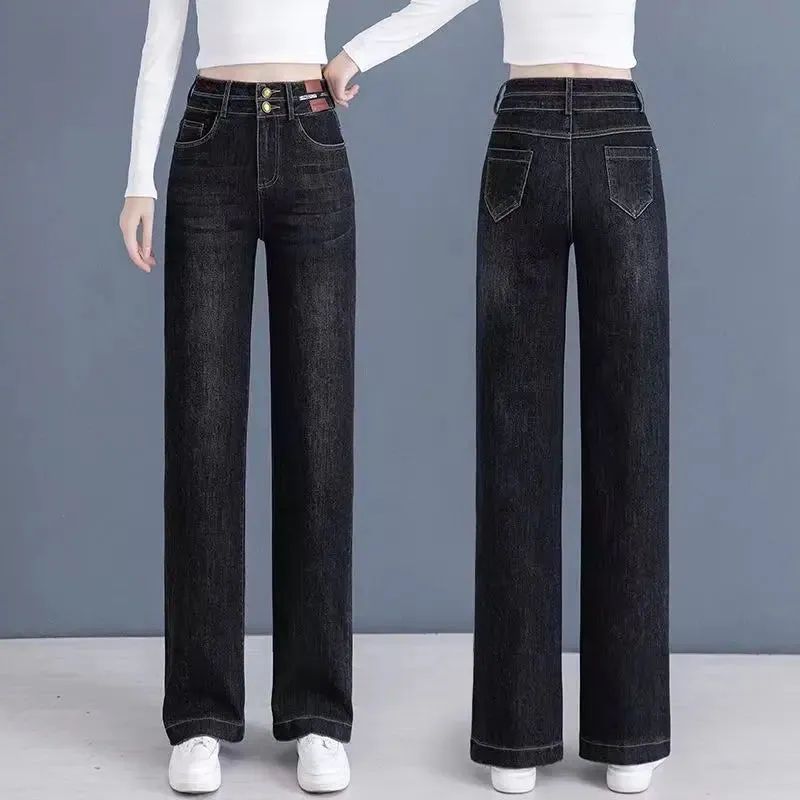 High Waisted Double Breasted Straight Wide-Leg Jeans