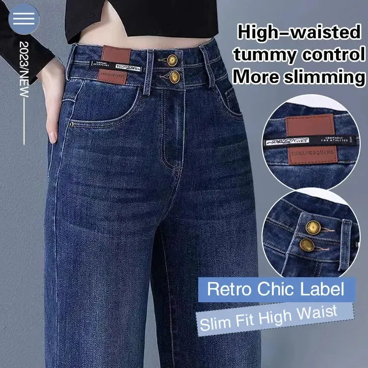 High Waisted Double Breasted Straight Wide-Leg Jeans