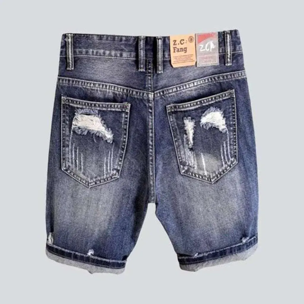 Inscribed patch distressed denim shorts