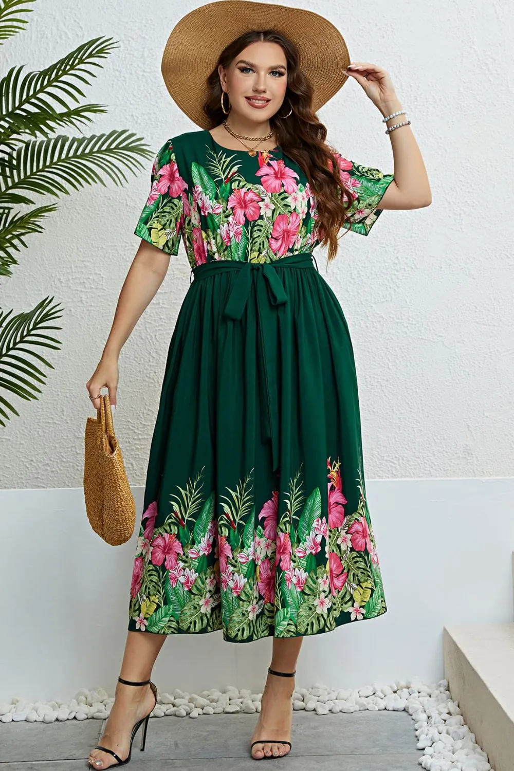 Jane Floral Round Neck Dress in Emerald Green