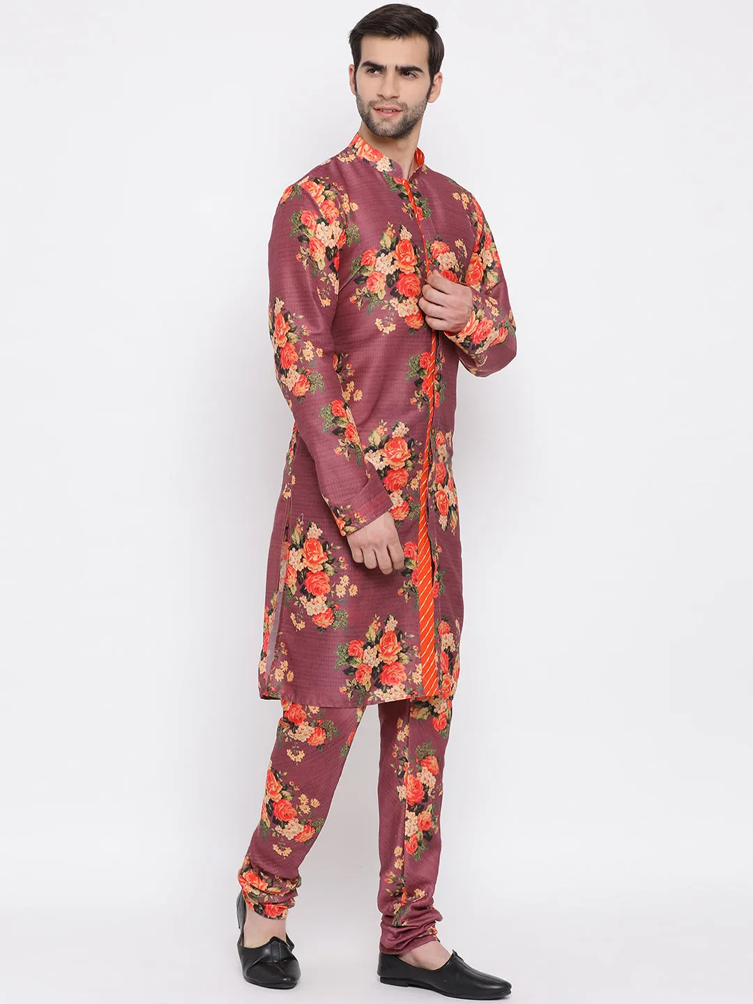 Jashvi Purple Floral Printed Kurta Pyjama Set With Leharia Border