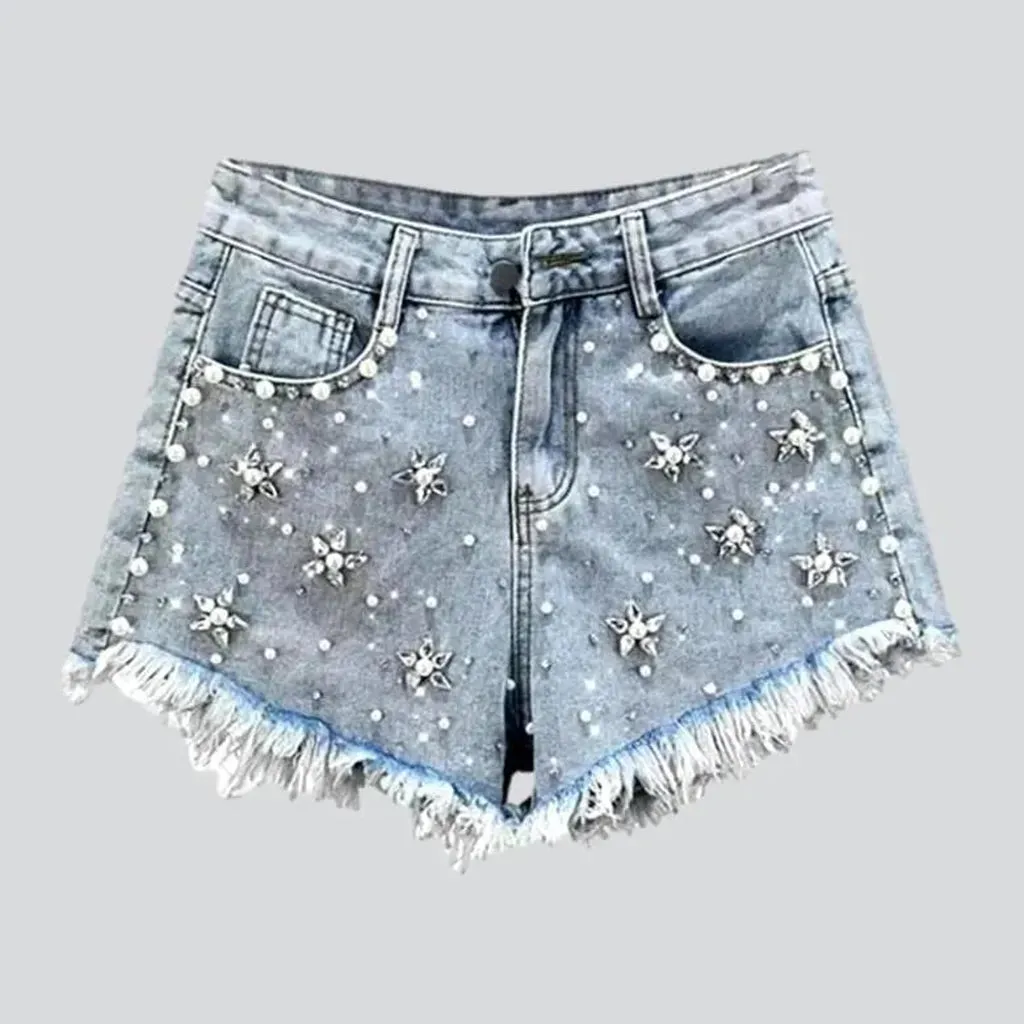 Light-wash embellished denim shorts