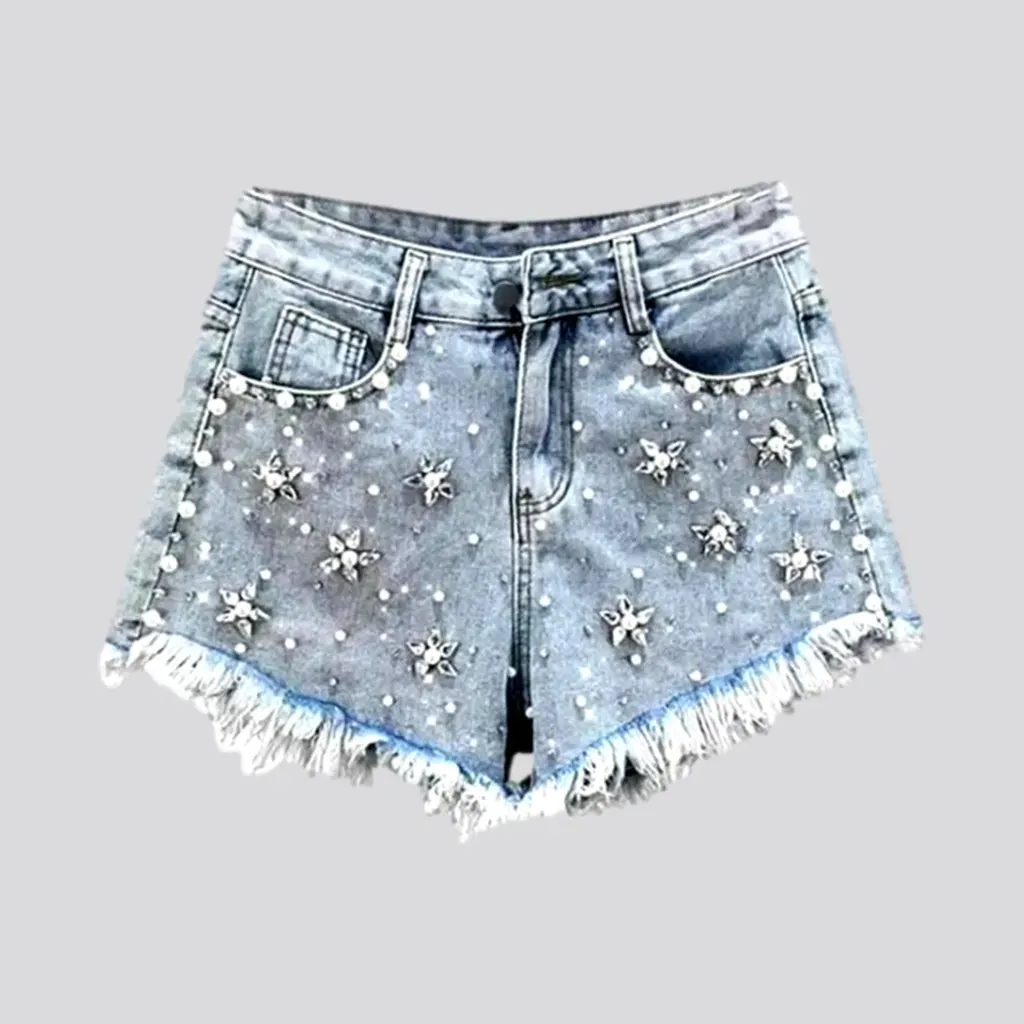 Light-wash embellished denim shorts