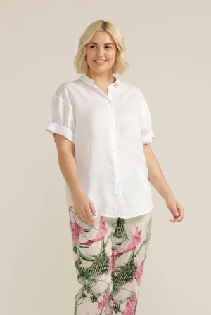 Linen Cuffed Short Sleeve Shirt White