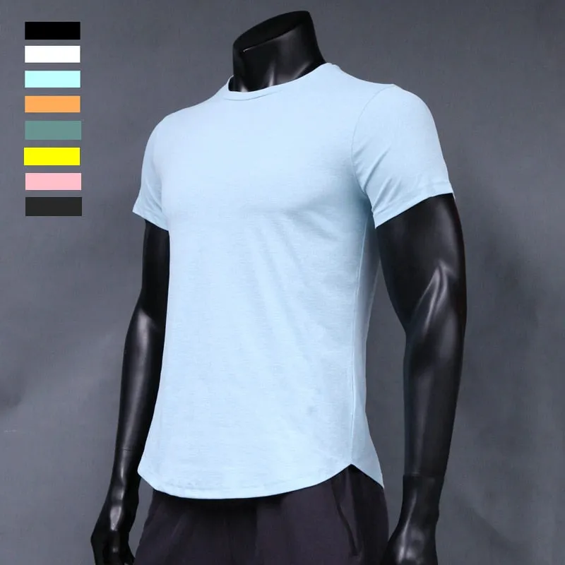 Men Running T-Shirts Clothes Gym Fitness Workout Jogging Short Sleeve Tops Quick Dry Breathable Wicking Rash Guard