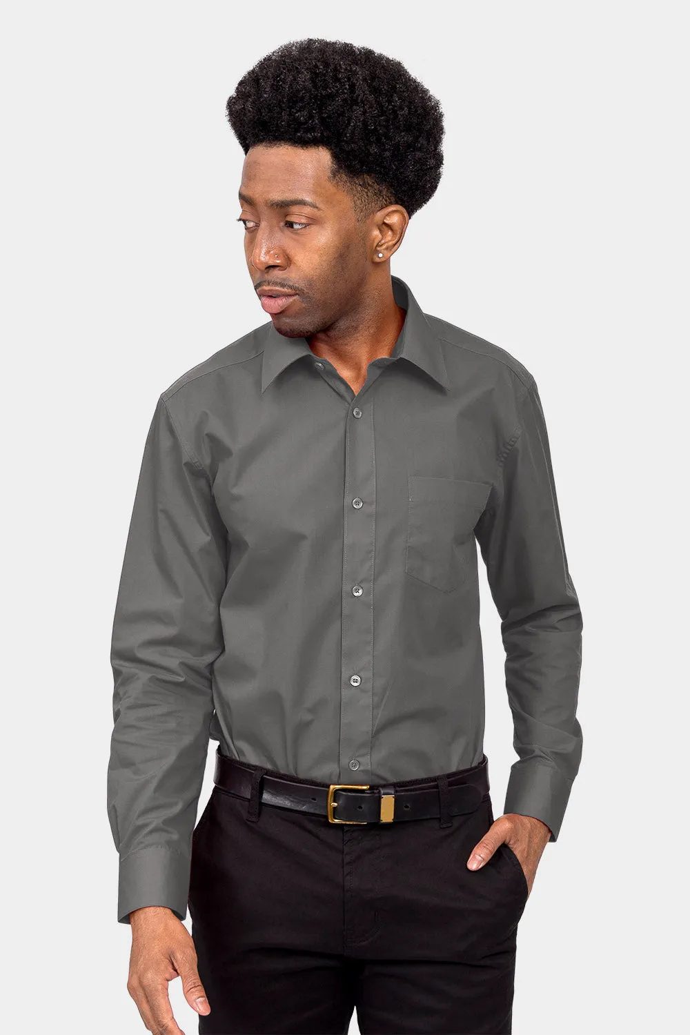 Men's Basic Solid Color Button Up Dress Shirt (Charcoal)