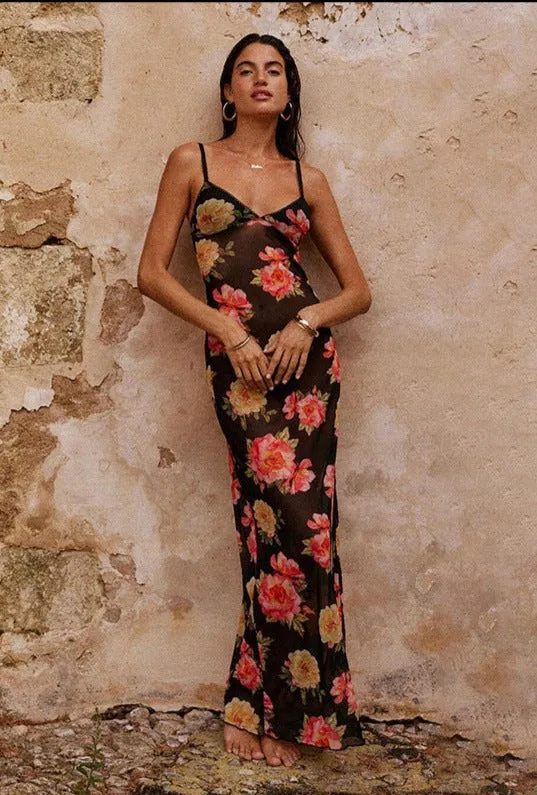 Miamor Floral Print Mesh Maxi Dress