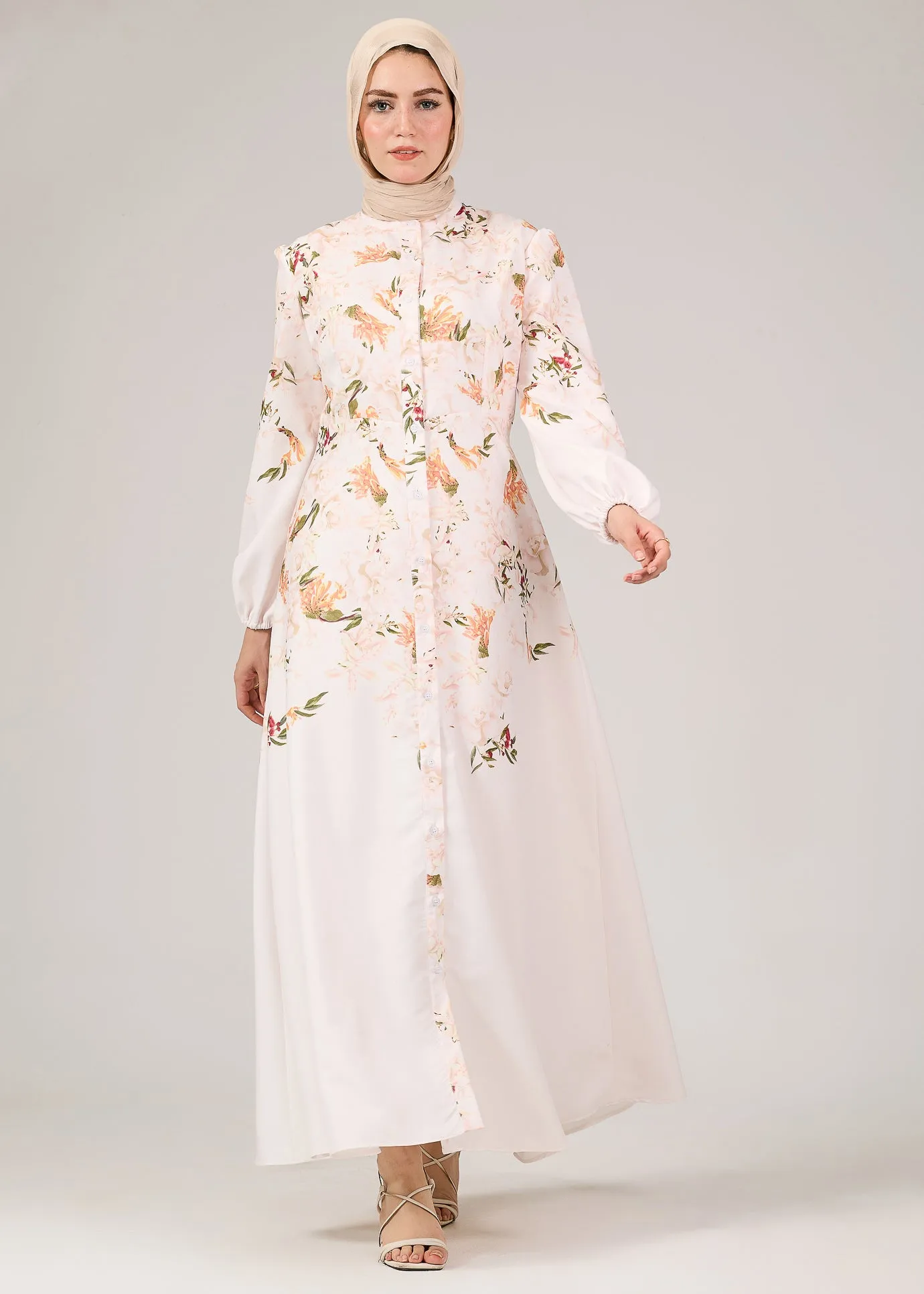 Reema Floral Button-Front Maxi Dress with Puff Sleeves