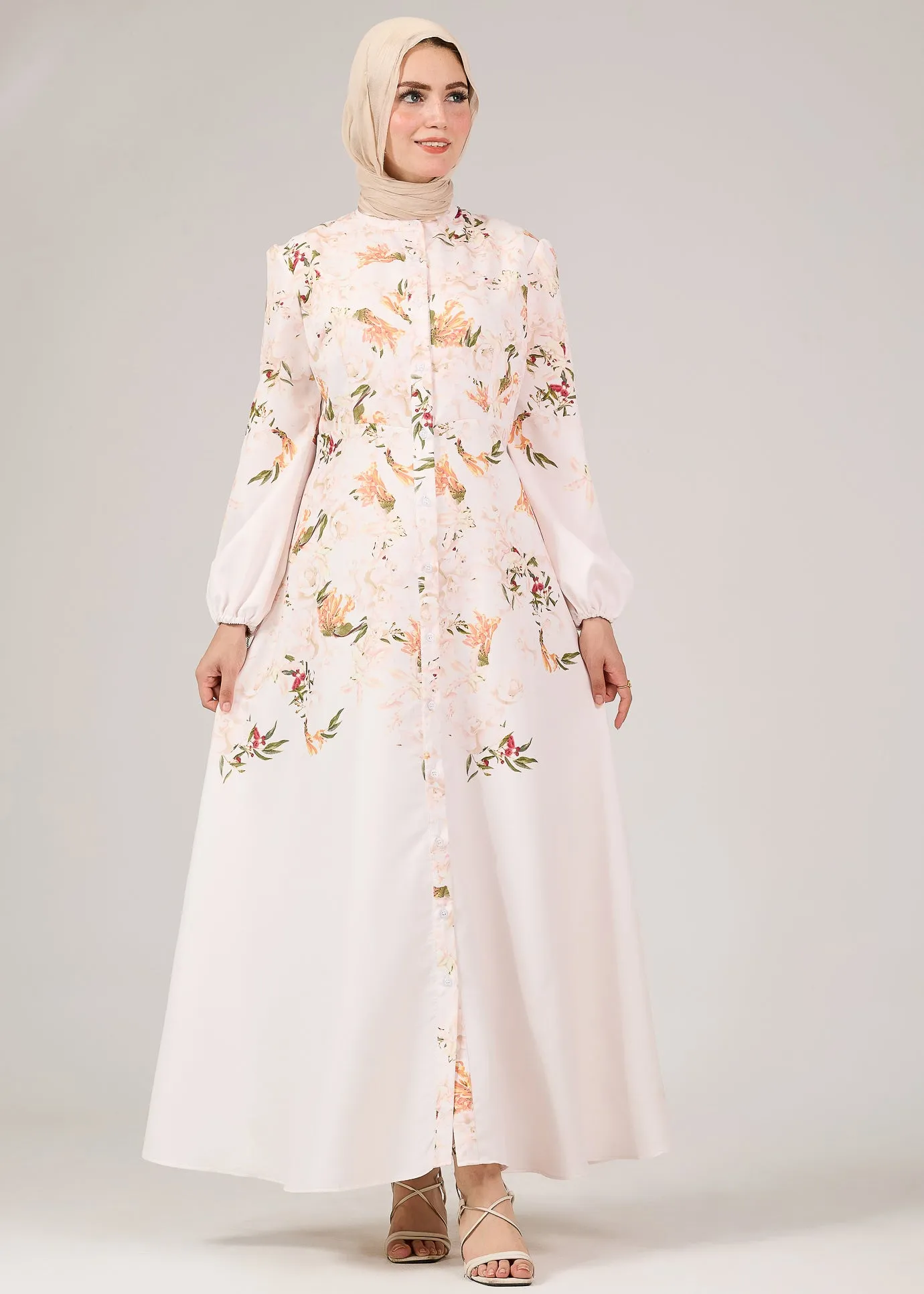 Reema Floral Button-Front Maxi Dress with Puff Sleeves