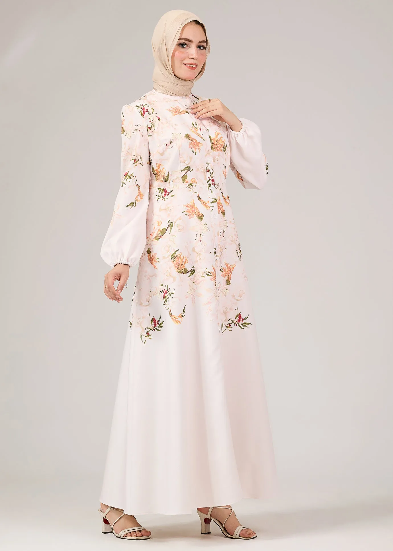 Reema Floral Button-Front Maxi Dress with Puff Sleeves