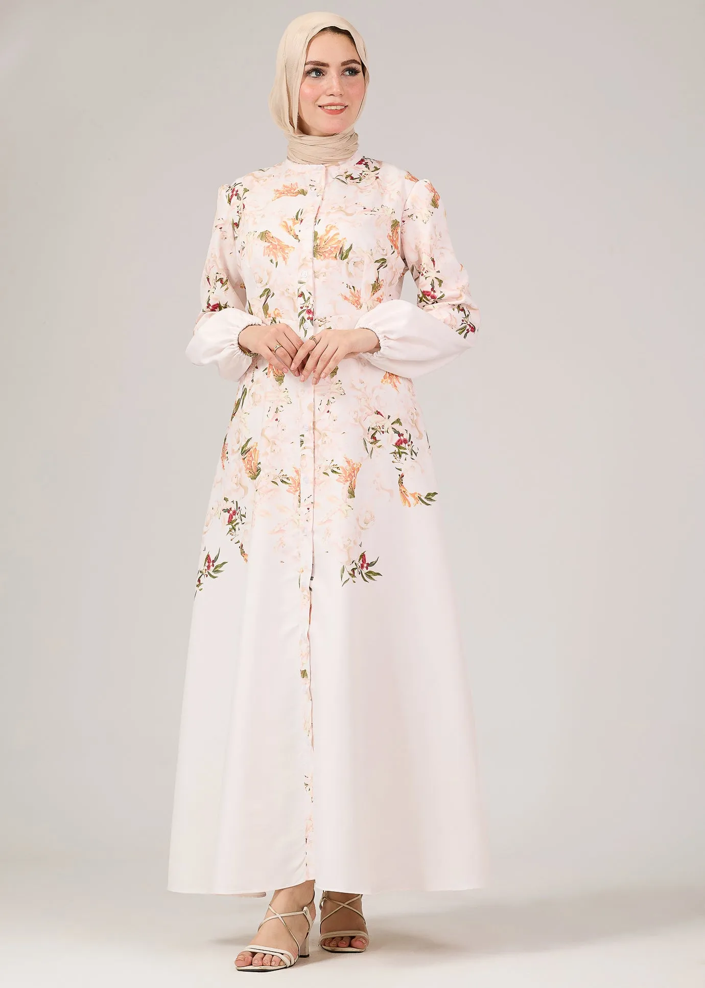 Reema Floral Button-Front Maxi Dress with Puff Sleeves