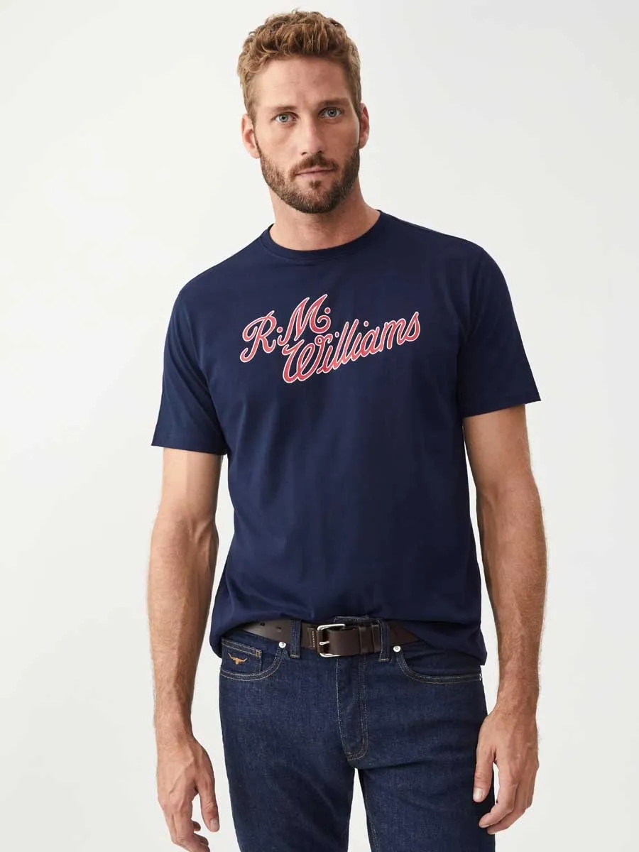 RM WILLIAMS Script T-Shirt - Men's Crew Neck - Navy