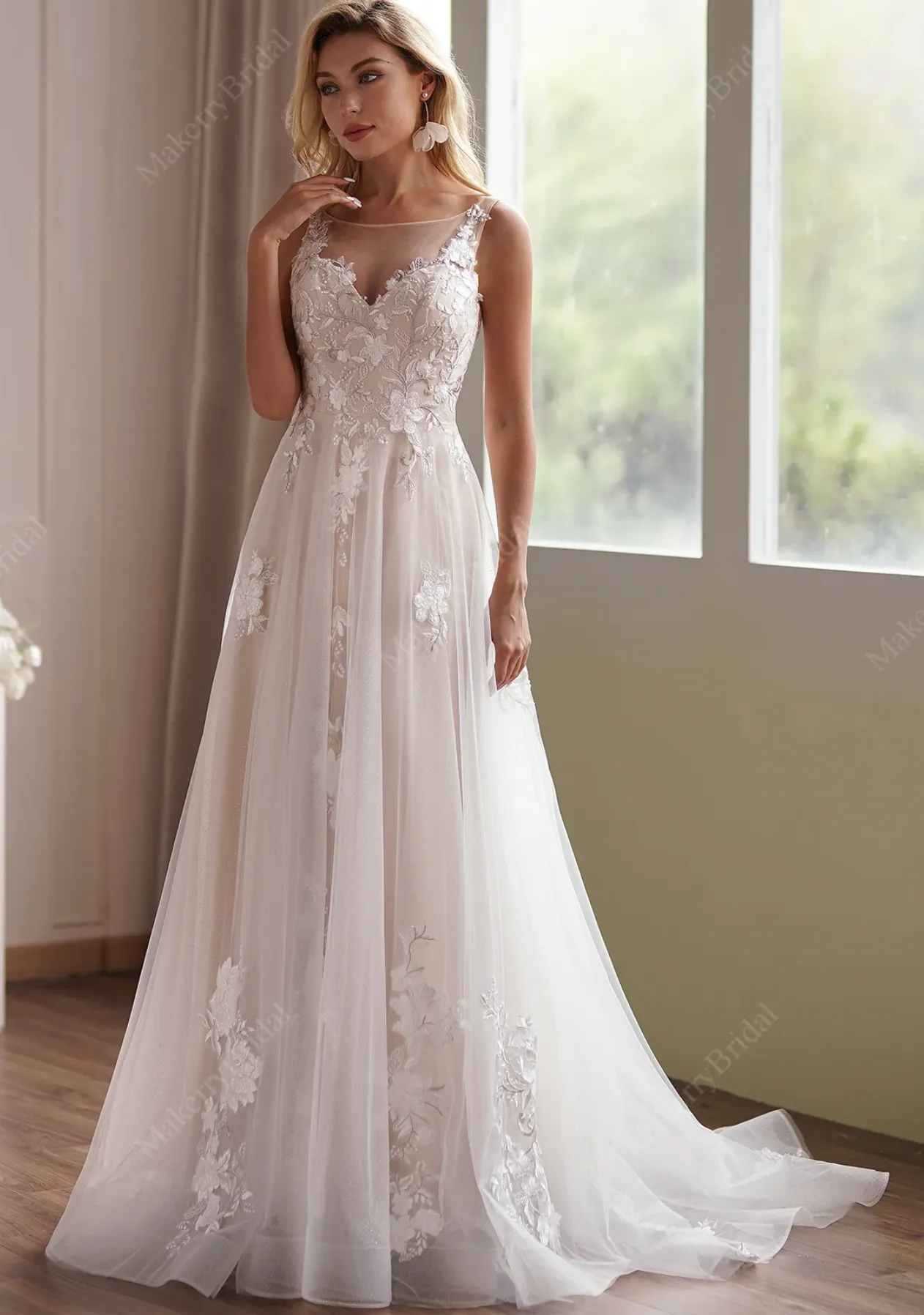 Romantic Beaded Lace Illusion Back Bridal Gown