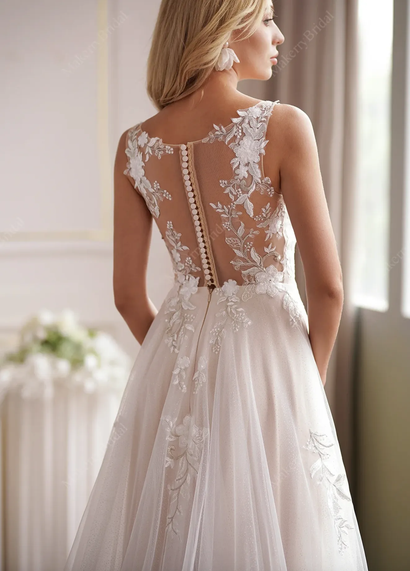 Romantic Beaded Lace Illusion Back Bridal Gown