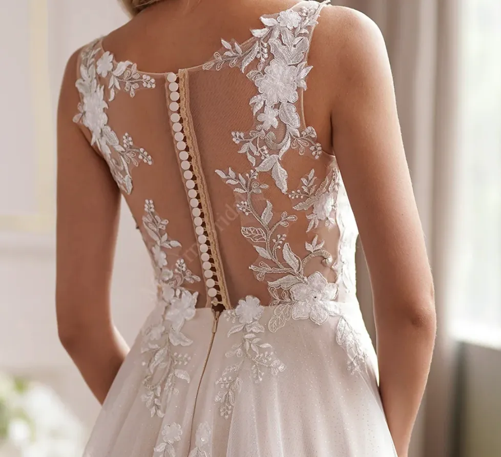 Romantic Beaded Lace Illusion Back Bridal Gown