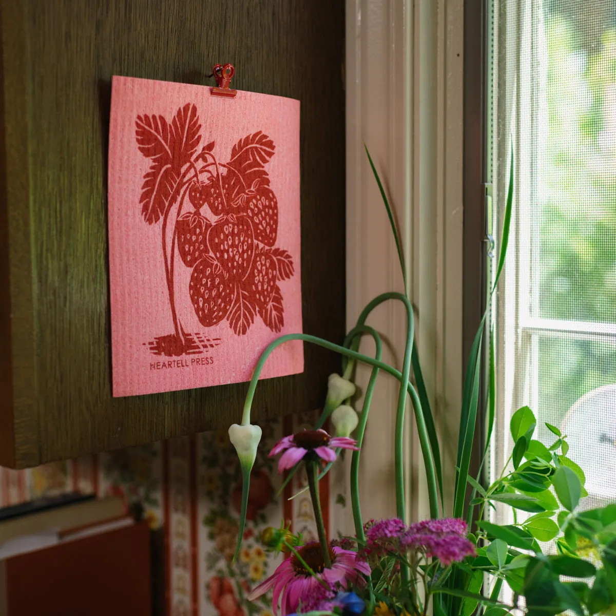 Screen Printed Red Strawberries Sponge Cloth