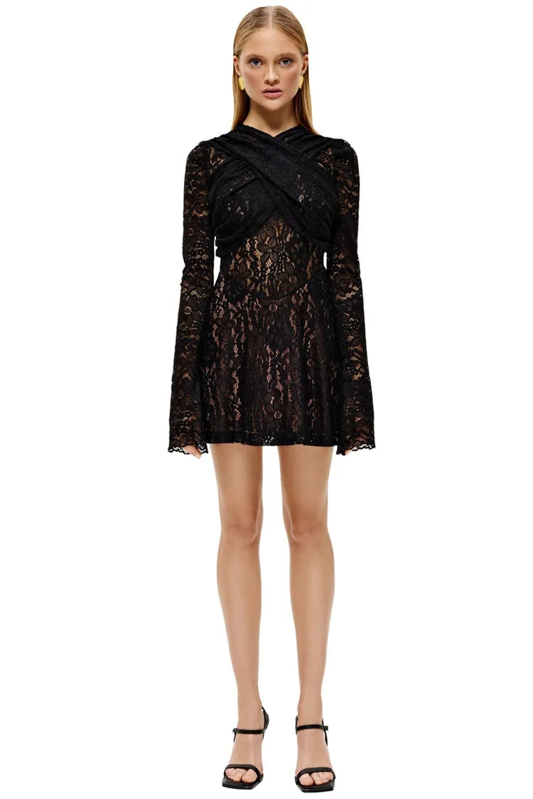 Sexy Cross Front Semi Sheer Long Sleeve Lace Party Mini Dress - Black