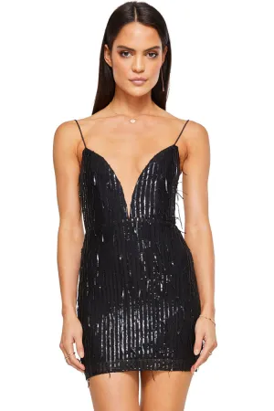 Sparkly Mesh Deep V Spaghetti Strap Sequin Fringe Mini Dress - Black