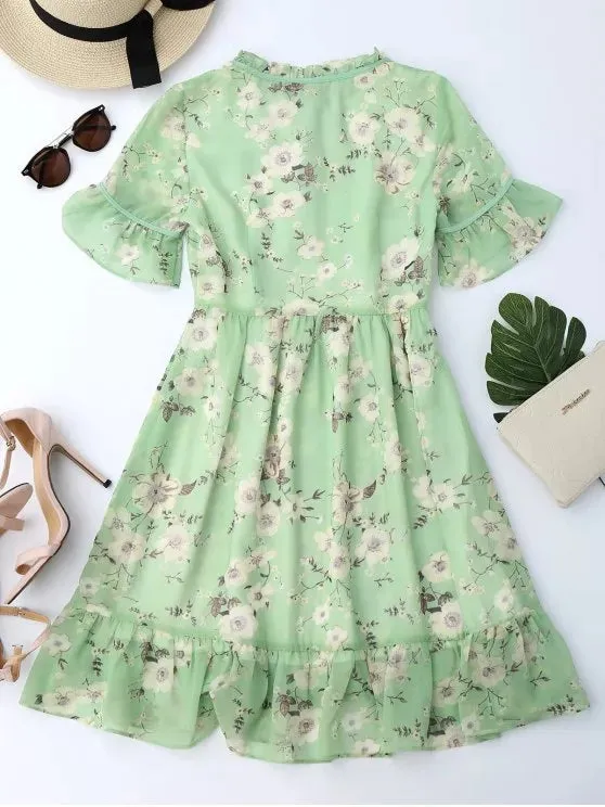 Stunning Ruffles Tiny Floral Chiffon Dress