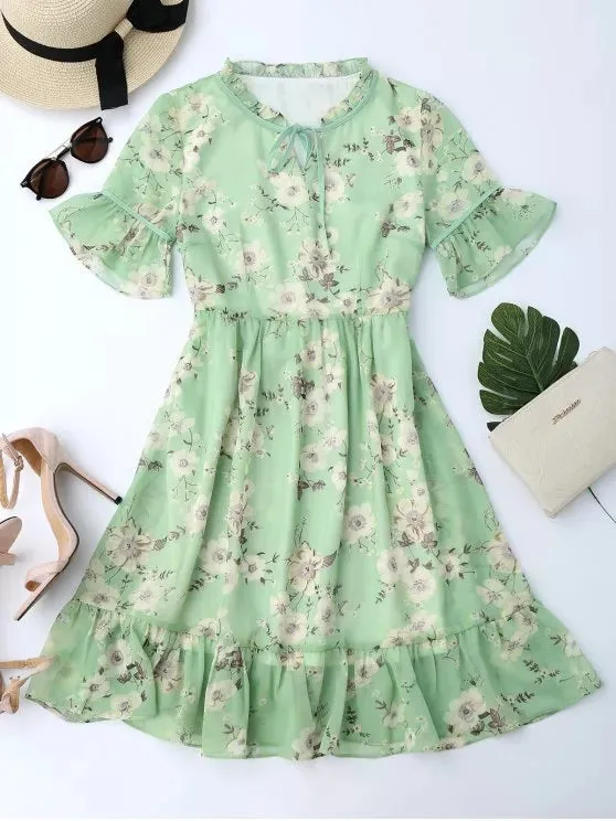 Stunning Ruffles Tiny Floral Chiffon Dress